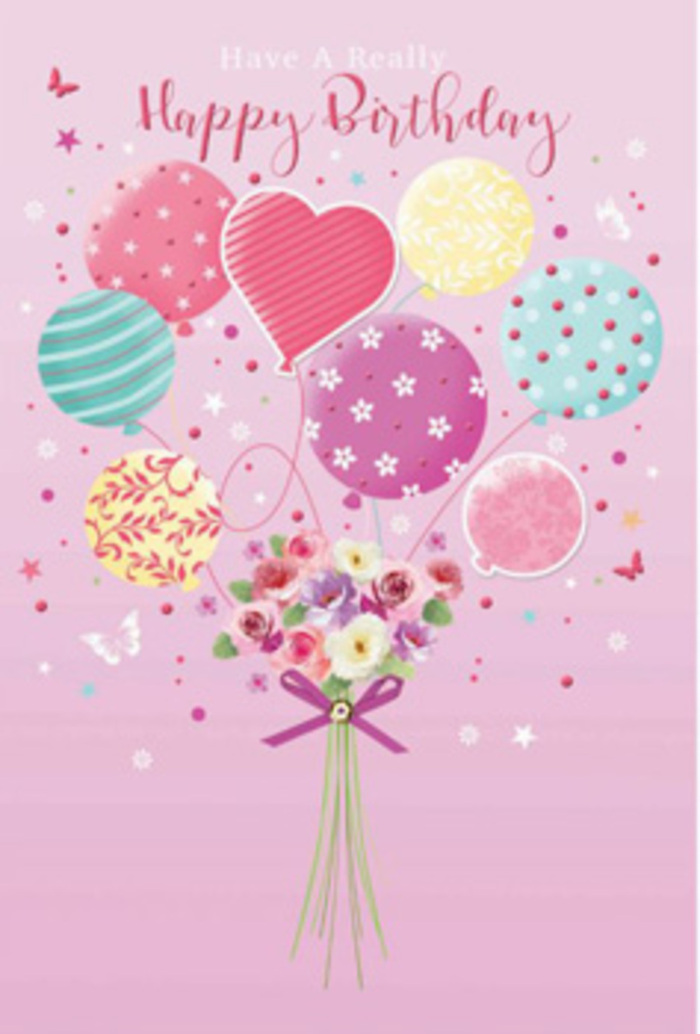 Graceful birthday illustration where a pastel balloon bouquet gently hoists a cluster of hand-tied flowers, evocative of the kind of thoughtful design you might order from a trusted Harringay florist. The scene is painted on a soft pink canvas, creating a serene, almost velvety backdrop like the calm atmosphere of a side street just off Green Lanes. In the centre, a group of balloons appears to float, their rounded shapes overlapping in harmonious shades of pale sunshine yellow, rosy fuchsia, lavender, sea green, and warm peach. Each balloon is adorned with cheerful details-curving bands of colour, scattered polka dots, swirling florals-and a single heart-shaped balloon becomes the emotional anchor, quietly suggesting love and appreciation. From this cloud of colour, slender ribbons trail down to a dainty bouquet at the base. The flowers, mostly petite roses and softly ruffled blossoms, are painted in creams, blush pinks, and gentle mauves, with subtle shading that gives their petals a velvety, almost touchable quality. A vibrant purple satin bow ties the stems, the fabric catching the light where the loops curve, just as it might on a fresh birthday bouquet bound for a home near Harringay Green Lanes station. Around the central motif, small butterflies and a sprinkling of star-like accents drift, adding a touch of whimsy and celebration. The artwork radiates gentle jubilation, echoing the feeling of receiving birthday flowers in Harringay-carefully chosen, beautifully presented, and meant to make the recipient feel truly cherished.