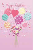 Softly joyful birthday card design featuring a cluster of pastel balloons rising from a hand-tied bouquet, drawn with the kind of loving detail familiar to anyone who has ordered flowers in Harringay. The background is a warm, blush-pink tone, providing a comforting canvas that recalls a peaceful evening sky above Green Lanes. From the lower part of the image, an arrangement of balloons floats upward in layers of pale pink, mint green, sunny yellow, and lilac. Each balloon shows off its own personality: some are circled with candy-like stripes, others are speckled with playful dots, while a central heart-shaped balloon glows with tenderness at the centre of the group. Their fine ribbons meet at a compact bouquet that appears freshly gathered, filled with roses and anemone-style blossoms in creamy ivory, blush, and soft mauve. The petals are illustrated with feathery edges and soft gradations of colour, suggesting real blooms freshly tied for birthday delivery along the streets of Harringay. A rich violet satin bow hugs the stems, its glossy finish reflecting the light as it curves into perfect loops. Floating delicately around the arrangement are tiny stars and butterflies, adding a sprinkle of fairy-tale charm. Overall, the composition feels light, airy, and festive-capturing the spirit of sending birthday flowers across Harringay: thoughtful, bright, and sure to bring a smile.